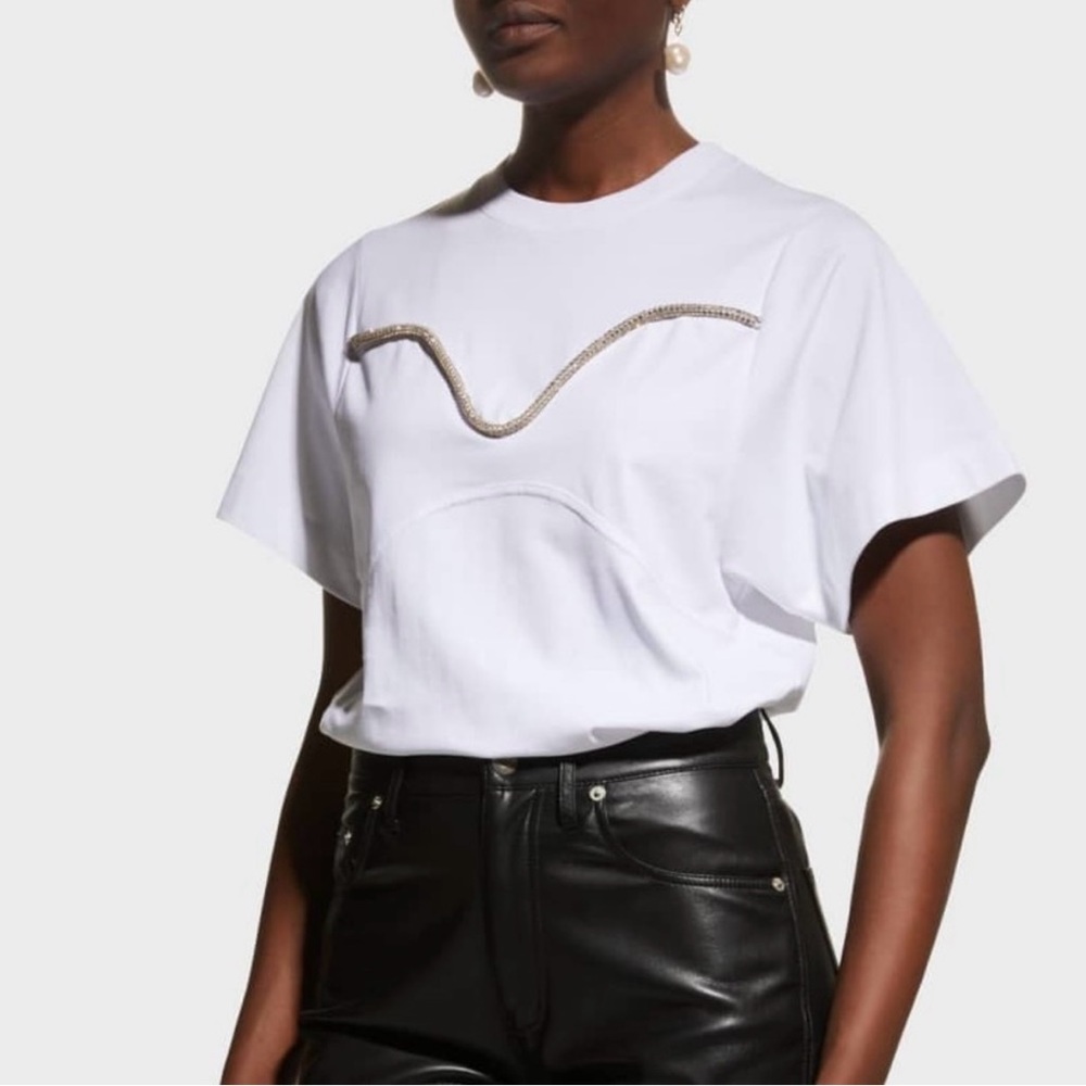 TANYA TAYLOR Lenorah Top Tee with Crystals on Bust NWT New White